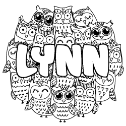 Coloriage prénom LYNN - décor Chouettes