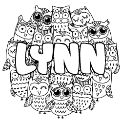 Coloriage pr&eacute;nom LYNN - d&eacute;cor Chouettes