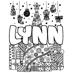 Coloriage prénom LYNN - décor Sapin et Cadeaux