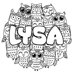 Coloriage pr&eacute;nom LYSA - d&eacute;cor Chouettes