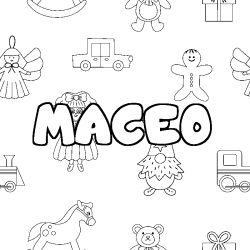 Coloriage pr&eacute;nom MACEO - d&eacute;cor Jouets