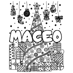 Coloriage prénom MACEO - décor Sapin et Cadeaux