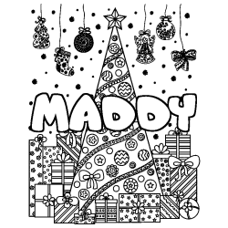 Coloriage prénom MADDY - décor Sapin et Cadeaux