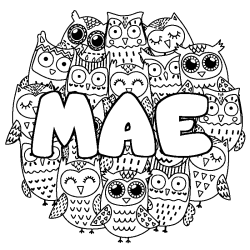 Coloriage pr&eacute;nom MAE - d&eacute;cor Chouettes
