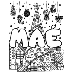 Coloriage pr&eacute;nom MA&Eacute; - d&eacute;cor Sapin et Cadeaux