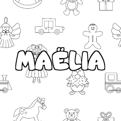 Coloriage pr&eacute;nom MA&Euml;LIA - d&eacute;cor Jouets