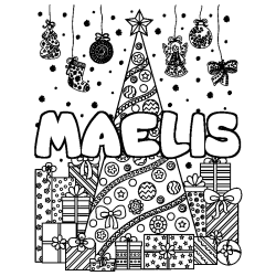 Coloriage prénom MAELIS - décor Sapin et Cadeaux