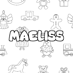 Coloriage pr&eacute;nom MAELISS - d&eacute;cor Jouets