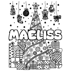 Coloriage prénom MAELISS - décor Sapin et Cadeaux