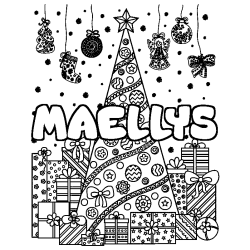 Coloriage prénom MAELLYS - décor Sapin et Cadeaux