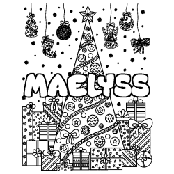 Coloriage pr&eacute;nom MAELYSS - d&eacute;cor Sapin et Cadeaux