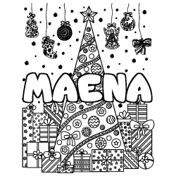 Coloriage prénom MAENA - décor Sapin et Cadeaux