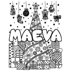 Coloriage pr&eacute;nom MAEVA - d&eacute;cor Sapin et Cadeaux