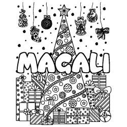 Coloriage prénom MAGALI - décor Sapin et Cadeaux