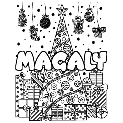 Coloriage pr&eacute;nom MAGALY - d&eacute;cor Sapin et Cadeaux