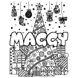 Coloriage prénom MAGGY - décor Sapin et Cadeaux