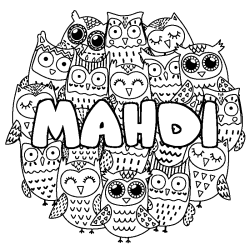 Coloriage pr&eacute;nom MAHDI - d&eacute;cor Chouettes
