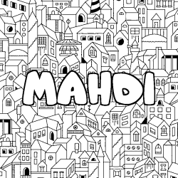 Coloriage pr&eacute;nom MAHDI - d&eacute;cor Ville