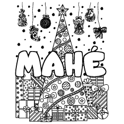 Coloriage pr&eacute;nom MAH&Eacute; - d&eacute;cor Sapin et Cadeaux