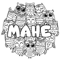 Coloriage pr&eacute;nom MAH&Eacute; - d&eacute;cor Chouettes