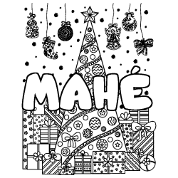 Coloriage prénom MAHÉ - décor Sapin et Cadeaux