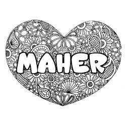 Coloriage prénom MAHER - décor Mandala coeur