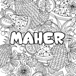 Coloriage pr&eacute;nom MAHER - d&eacute;cor Mandala fruits