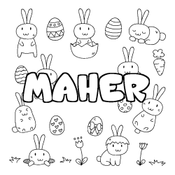 Coloriage pr&eacute;nom MAHER - d&eacute;cor Paques