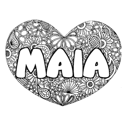 Coloriage pr&eacute;nom MAIA - d&eacute;cor Mandala coeur