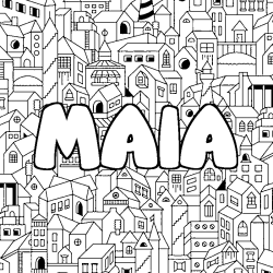 Coloriage pr&eacute;nom MAIA - d&eacute;cor Ville