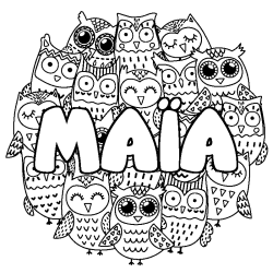 Coloriage pr&eacute;nom MA&Iuml;A - d&eacute;cor Chouettes