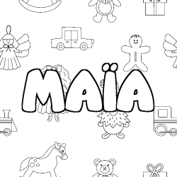 Coloriage pr&eacute;nom MA&Iuml;A - d&eacute;cor Jouets
