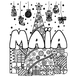 Coloriage pr&eacute;nom MA&Iuml;A - d&eacute;cor Sapin et Cadeaux