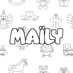 Coloriage pr&eacute;nom MA&Iuml;LY - d&eacute;cor Jouets