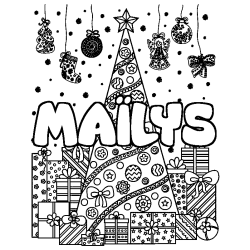 Coloriage pr&eacute;nom MA&Iuml;LYS - d&eacute;cor Sapin et Cadeaux