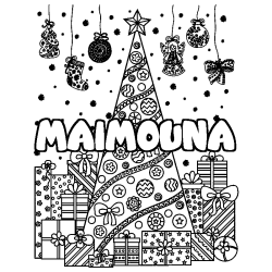 Coloriage pr&eacute;nom MAIMOUNA - d&eacute;cor Sapin et Cadeaux