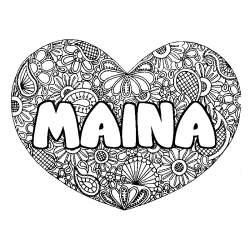 Coloriage pr&eacute;nom MAINA - d&eacute;cor Mandala coeur