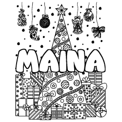 Coloriage pr&eacute;nom MAINA - d&eacute;cor Sapin et Cadeaux