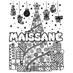Coloriage pr&eacute;nom MA&Iuml;SSANE - d&eacute;cor Sapin et Cadeaux