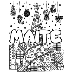 Coloriage prénom MAITE - décor Sapin et Cadeaux