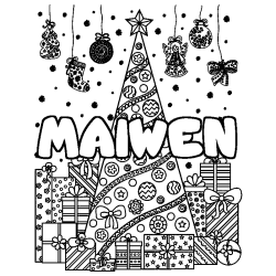 Coloriage pr&eacute;nom MAIWEN - d&eacute;cor Sapin et Cadeaux