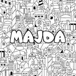 Coloriage pr&eacute;nom MAJDA - d&eacute;cor Ville