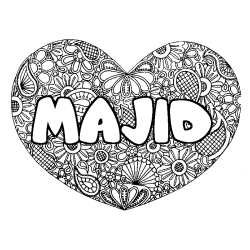 Coloriage pr&eacute;nom MAJID - d&eacute;cor Mandala coeur