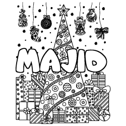 Coloriage prénom MAJID - décor Sapin et Cadeaux