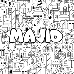 Coloriage prénom MAJID - décor Ville