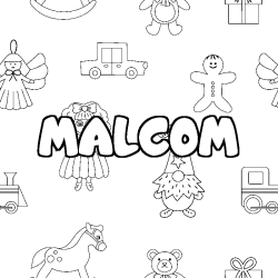 Coloriage prénom MALCOM - décor Jouets