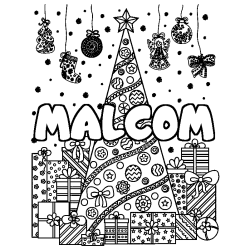 Coloriage pr&eacute;nom MALCOM - d&eacute;cor Sapin et Cadeaux
