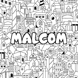 Coloriage prénom MALCOM - décor Ville