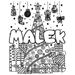 Coloriage pr&eacute;nom MALEK - d&eacute;cor Sapin et Cadeaux