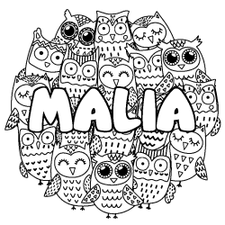 Coloriage prénom MALIA - décor Chouettes